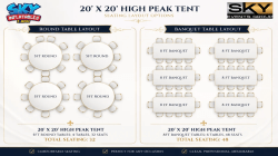 20x20 tent seating layouts with 32 guests at round tables or 48 guests at banquet tables from SKY Inflatables in Bowling Green, KY.