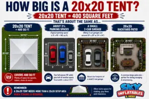 20x20 tent capacity: 20x20 tent size comparison showing 400 square feet compared to 2.5 parking spaces, a small two-car garage, and a 20x20 backyard patio