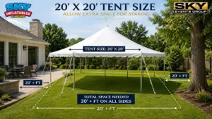 20x20 tent showing extra staking space needed near a patio and tree for tent rentals in Bowling Green, KY from SKY Inflatables.