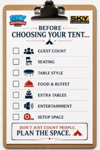 What size tent do I need? Tent rental planning checklist for guest count, seating, table style, buffet, extra tables, entertainment and setup space in Bowling Green, KY.